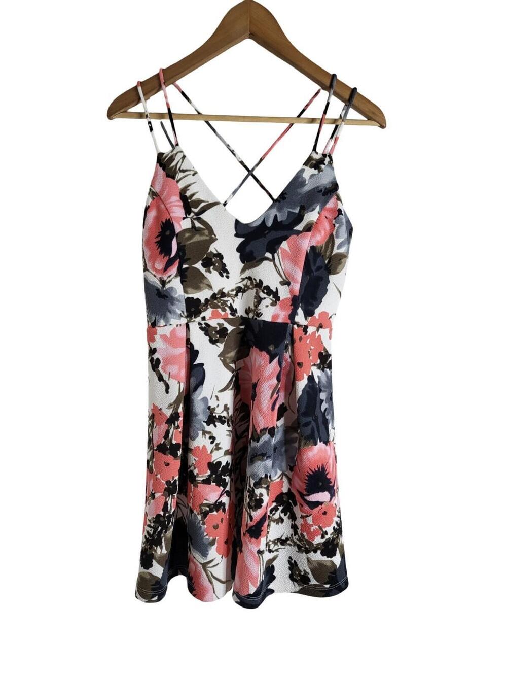 Fashion Magazine Floral Print Skater Dress Pink Black Pattern Spaghetti Strap L
